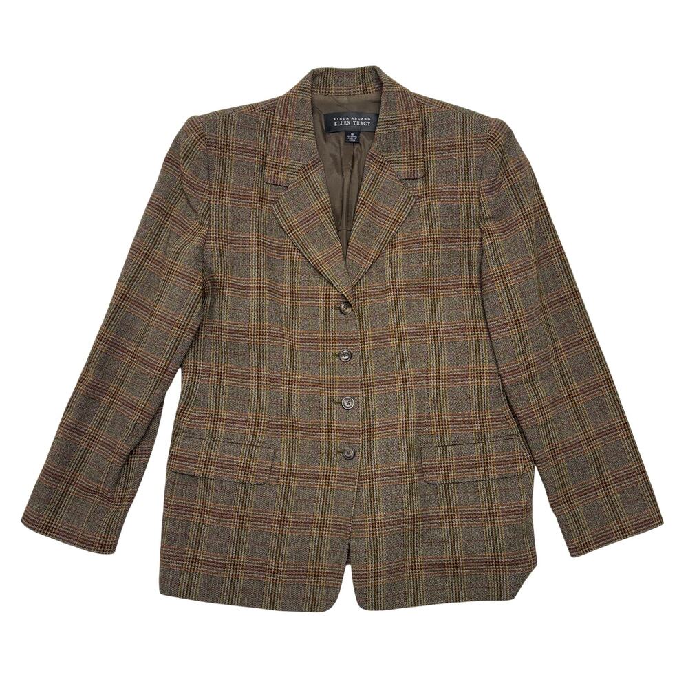 Linda Allard Ellen Tracy Blazer Jacket 16 Womens Brown Plaid Wool Korea Made